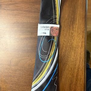 J. Garcia Black Tie with Blue, Yellow & White Curving Stripes Snail Garden NWT